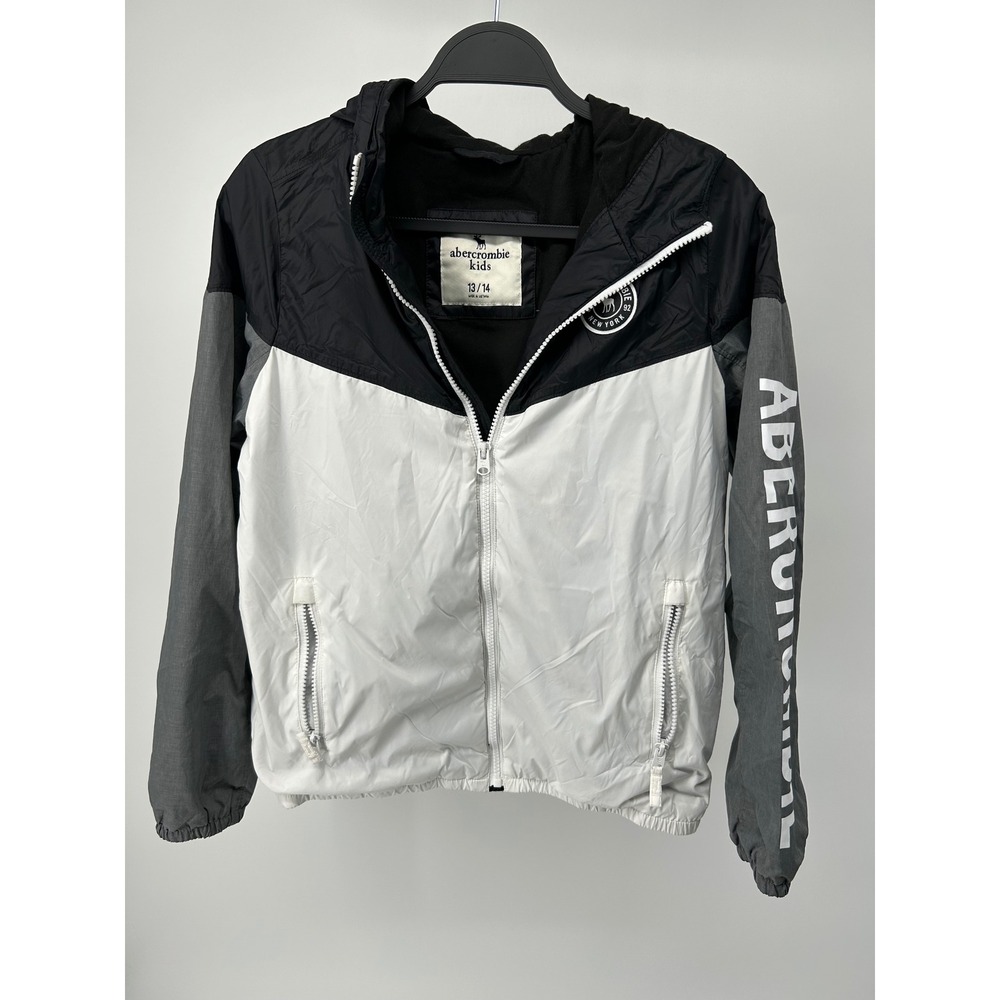 Abercrombie Kids Windbreaker Jacket Black White Grey Hooded Zip Up Size 13/14